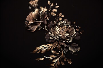 Wall Mural -  a bouquet of flowers on a black background with gold foil leaves and flowers in the middle of the image, with a black background with a black background.  generative ai