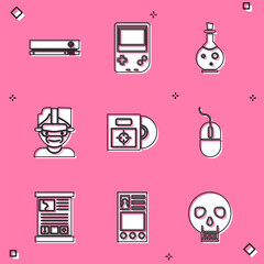 Poster - Set Video game console, Portable video, Bottle with magic elixir, Virtual reality glasses, CD DVD disk in box, Computer mouse, Game guide and Create account screen icon. Vector