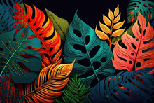 Colorful Tropical Leaves Creative Black Background. AI Generated