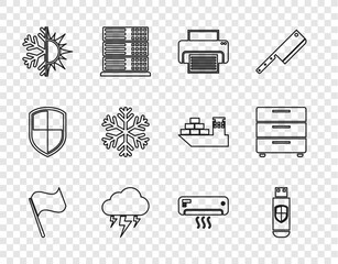 Sticker - Set line Flag, USB flash drive and shield, Printer, Storm, Sun snowflake, Snowflake, Air conditioner and Furniture nightstand icon. Vector