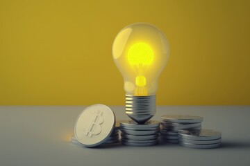 Wall Mural - Light bulb on top of stack of coins. business idea concept, yellow background, Digital illustration, Generative AI