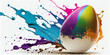 Osterei mit explodierender Farbe und Farbspritzer auf weißen Hintergrund mit Platzhalter - Generative Ai