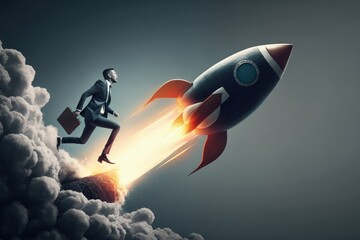 Wall Mural - Businessman running after rocket, startup creation concept, digital illustration, Generative AI
