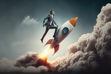 Wall Mural - Businessman on top of rocket, startup creation concept, digital illustration, Generative AI