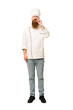 Full body adult cook man cut out isolated with fingers on lips keeping a secret.