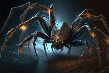 A giant spider with venomous fangs, spinning a web of silky strands. Digital art painting, Fantasy art, Wallpaper