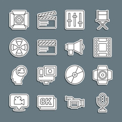 Poster - Set line Microphone, Movie spotlight, Play Video, Sound mixer controller, clapper, Film reel, and Megaphone icon. Vector