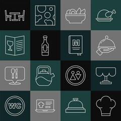 Poster - Set line Chef hat, Wooden table, Covered with tray of food, Nachos in plate, Wine bottle, Restaurant cafe menu, chair and icon. Vector