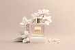 Perfumery, luxury fragrance concept made with empty perfume bottle and white flowers. Created with Generative AI technology.