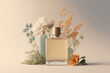 Perfumery, summer fragrance concept made with perfume bottle and flowers. Created with Generative AI technology.