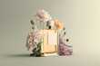 Perfumery concept made with perfume bottle and flowers. Created with Generative AI technology.