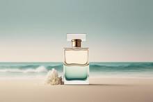Perfumery, Luxury Fragrance In Nautical Style. Concept Made With Perfume Bottle On A Sand Against The Sea. Created With Generative AI Technology.