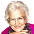 Portrait einer Seniorin mit silbernen Haaren. Sie lächelt charmant und schaut direkt in die Kamera. Illustration nach einem echten Foto.