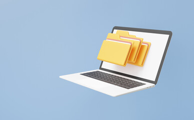 Poster - Computer laptop moving file folders management floating on pastel background. paperwork icon design, storage share data, finance business, minimal cartoon style. 3d render illustration