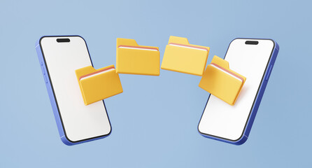 Poster - Minimal cartoon style Two smartphone moving file folders into backup documents information management, paperwork storage share data, finance business. 3d render. illustration