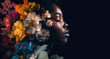 Close up portrait of beautiful African woman with eyes closed combined with multi colored flowers, side profile face view on black copy space background. Double multiple exposure. Beauty concept