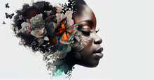 Close Up Portrait Of Beautiful African Woman With Eyes Closed Combined With Multi Colored Flowers, Side Profile Face View On White Copy Space Background. Double Multiple Exposure. Beauty Concept
