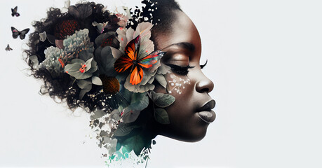 close up portrait of beautiful african woman with eyes closed combined with multi colored flowers, s