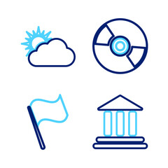 Poster - set line bank building, flag, cd or dvd disk and sun and cloud weather icon. vector