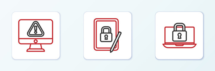 Poster - Set line Laptop and lock, Monitor with exclamation mark and Tablet closed padlock icon. Vector