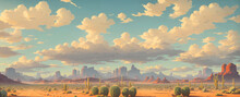 Wild West Prairies, Western Vintage Mountains. Concept Painting Of A Beautiful Western Background. AI. 4k, 8k, Panorama.