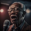 Portrait, elderly Cuban man singing on a music club, Ai Generative.