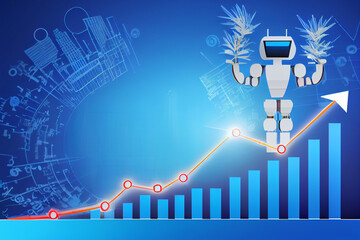 Roboter mit künstlicher Intelligenz vor einem steigenden Graphen. Wachsender, digitaler Business Profit und finanzieller Erfolg  - Generative Ai
