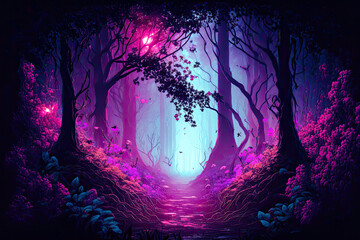 Magic Forest with Purple Glow. Generative AI.	