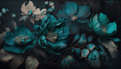 Sticker - Generative AI, Close up of blooming flowerbeds of amazing teal flowers on dark moody floral textured background. Photorealistic effect.