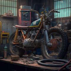 motorcycle in workshop generated by AI