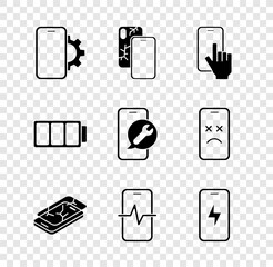 Poster - Set Phone repair service, Mobile with broken screen, charging battery, Battery and icon. Vector