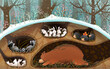 Forest animals sleeping in den and holes under trees in winter or spring, art for children. Bear, raccoon rabbits and mouse sleep in burrows. Cute animals wallpaper illustration for kids.