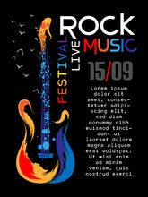 Rock Music Festival Poster Template. Vertical Banner With Rock Guitar In Grunge Style And Paint Splashes.