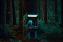 Wide Angle Zoomed Out Shot Of A Neon Video Game Arcade Cabinet Sitting In The Middle Of A Dense Forest Cinematic Composition Mysterious Nostalgic Surreal Adventure Scifi Color Grading Photo From A 