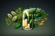 Alternative medicine herbal organic capsules with vitamin E, omega 3 fish oil, minerals, and drugs with herbal leaves are natural supplements for a healthy, happy life. Generative AI