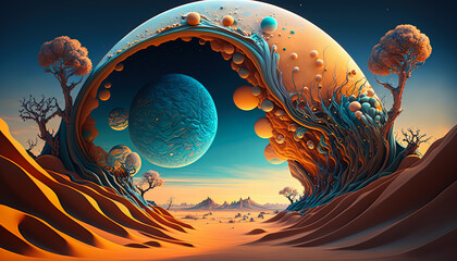 Space fantasy, extraterrestrial landscape with strange round portal to a desert planet, generative ai digital illustration