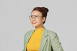 © Marc Tran/Stocksy - Business woman isolated on white background laughing