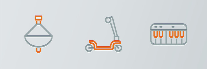 Sticker - Set line Music synthesizer, Whirligig toy and Roller scooter icon. Vector