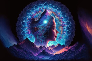 Wall Mural - Portait of a Woman who achieved the Buddha State of Consciousness - dwelling in Love for Eternity with a powerful Mandala in Halo around her Head. Ai generative illustration 