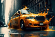 Abstract Painting Of Taxi In Downtown New York City Manhattan. Artwork Of Cab With Yellow Paint Splashes. Post Produced Generative Ai Illustration