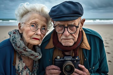 non-emotional facial expression, documentary style shot portrait of elder Caucasian couple lover on vacation, idea for love and togetherness concept, photographer Generative Ai not real people