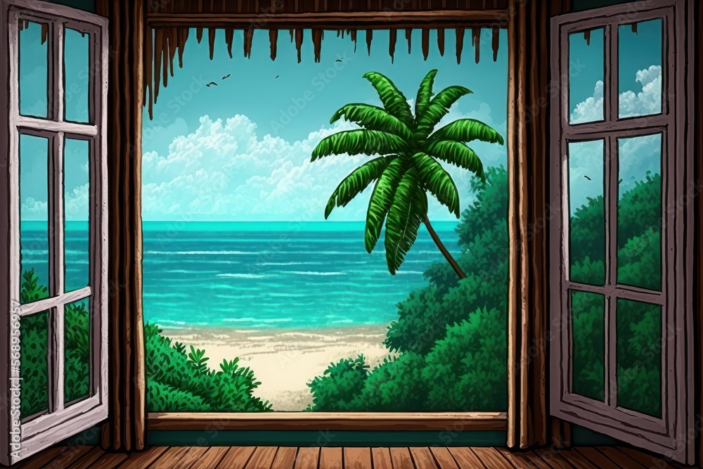Window view of Tropical Paradise Island with Ocean, Beach and Palm ...