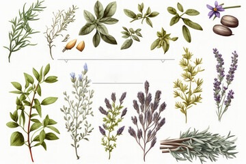 Garden herbs on a white background. Thyme, Rosemary, Lavender, and Oregano mixed with fresh spices. Generative AI