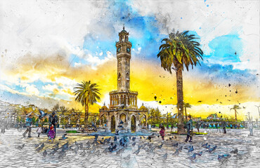 Wall Mural - Konak Square and Clock Tower view at sunset. 