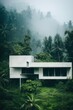 Exterior perspective of a concrete minimalistic modern building low one story house situated in the jungle, AI generated