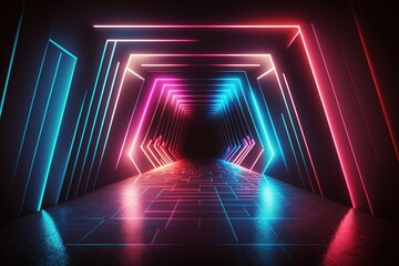 Wall Mural - a laser display, fluorescent lighting inside a nightclub, luminous lines, an abstract fluorescent background, and a hallway. Generative AI