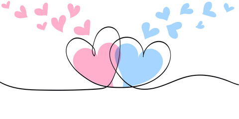 Poster - Valentine's Day border with pink and blue heart shapes. Continuous one line drawing with two hearts in modern line art style isolated on white background for Mothers day, wedding card.