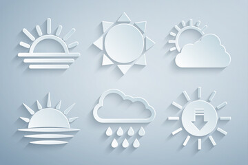 Poster - Set Cloud with rain, Sun and cloud weather, Sunset, and icon. Vector