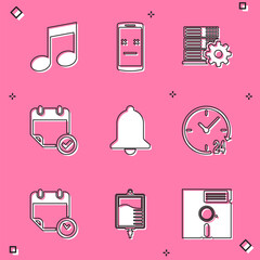 Poster - Set Music note, tone, Dead mobile, Server setting, Calendar with check mark, Ringing bell and Clock 24 hours icon. Vector