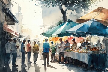 Canvas Print - Watercolor painting of people walking to the street market for shopping. Generative AI